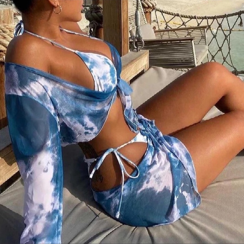 Baby Blue Boho Beachy Tie Dye 4 Piece Bikini Set - Picture 3 of 5